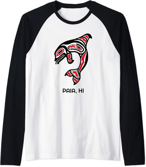 Paia HI Native Aboriginal Orca Killer Whales Raglan Baseball Tee