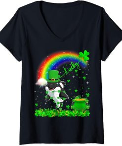 Womens Irish Shamrock Rainbow Lucky Orca St. Patrick"s Day V-Neck T-Shirt