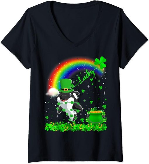 Womens Irish Shamrock Rainbow Lucky Orca St. Patrick"s Day V-Neck T-Shirt